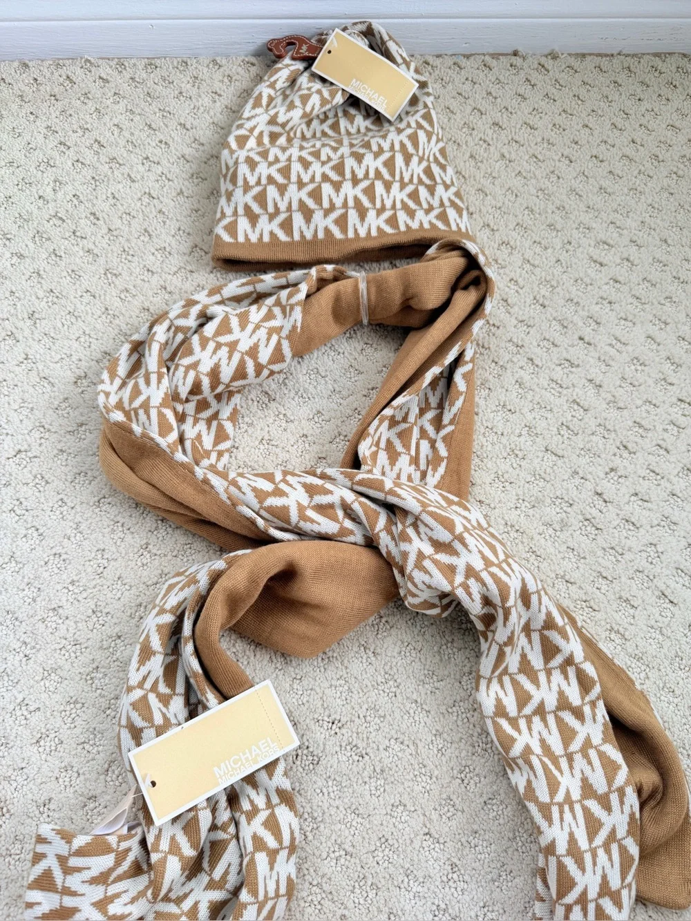 Michael Kors MK Logo Beanie Hat and Scarf Set NWT Camel Monogram Knit 2 pieces